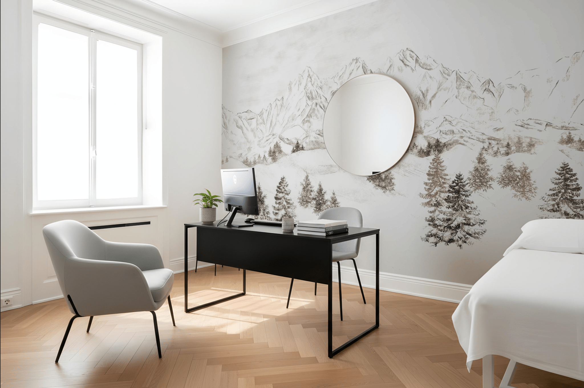 Modern workspace with a desk, chair, mirror, and scenic wall mural.