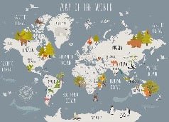 Papier peint Carte du monde illustrée Animaux gris, XXL, tendance