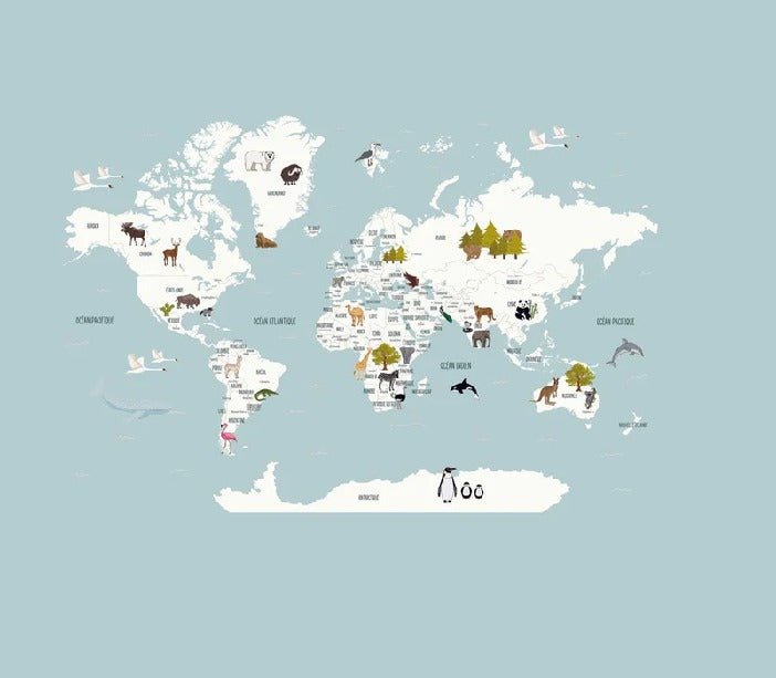 Papier peint Carte du monde en Francais enfant bleu glacier