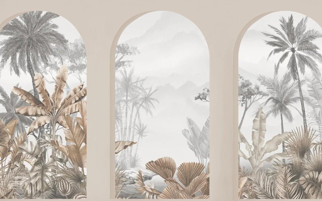 Carta da parati con archi tropicali color seppia
