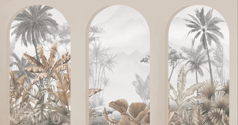 Carta da parati con archi tropicali color seppia