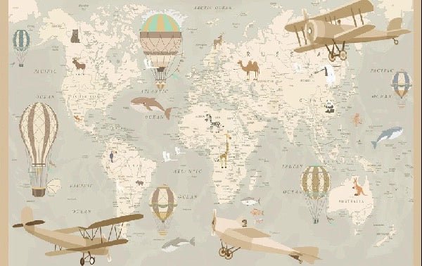 Carta da parati per bambini con mappa del mondo e aviatore