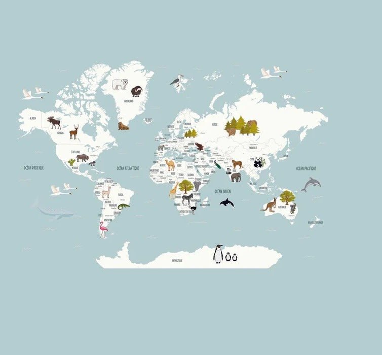 Papier peint Carte du monde en Francais enfant bleu glacier