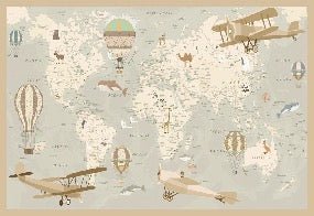 Carta da parati per bambini con mappa del mondo e aviatore