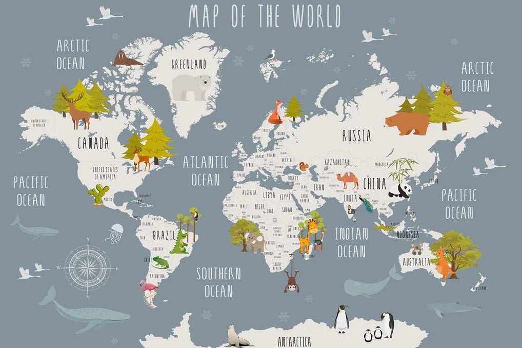 Papier peint Carte du monde illustrée Animaux gris