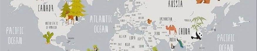 Papier peint chambre enfant map animaux gris clair