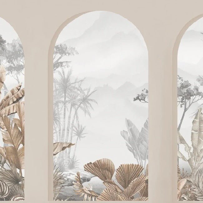 Carta da parati con archi tropicali color seppia