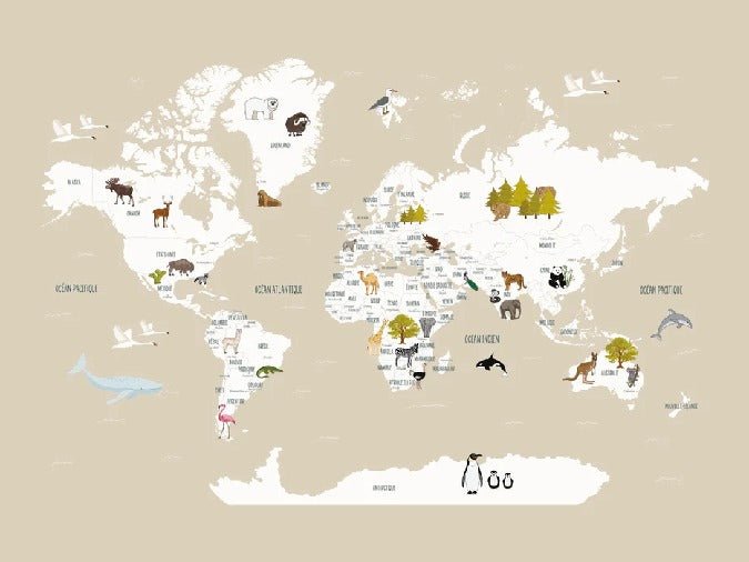 Papier peint Carte du monde en Francais enfant beige