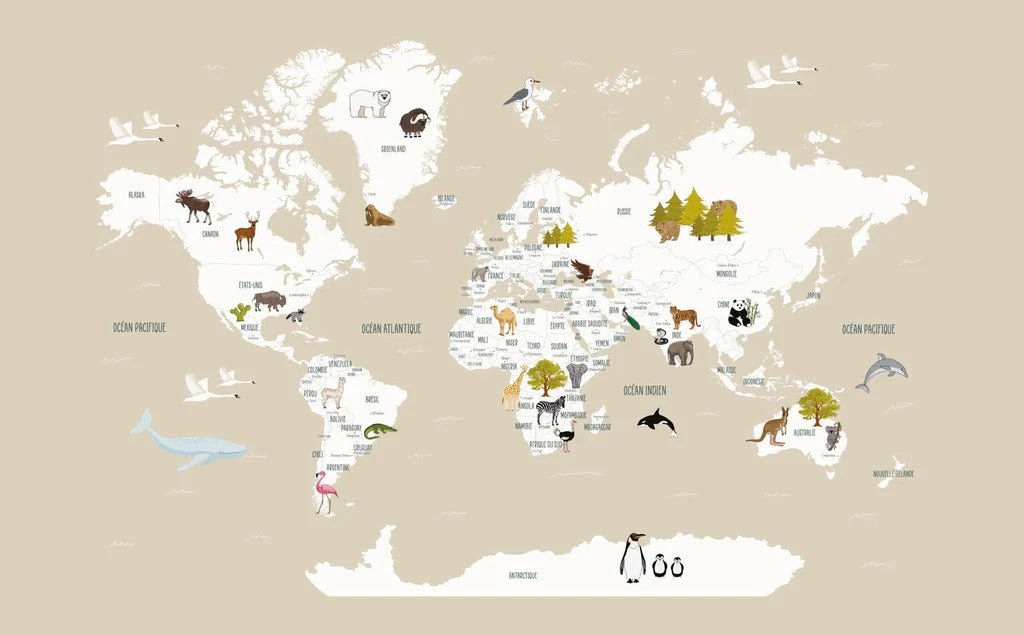 Papier peint Carte du monde en Francais enfant beige