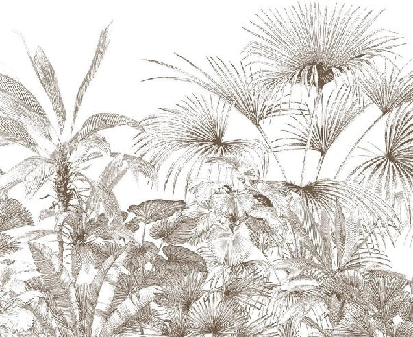 Carta da parati con incisioni monocromatiche tropicali