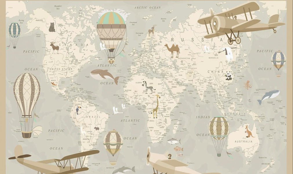 Carta da parati per bambini con mappa del mondo e aviatore