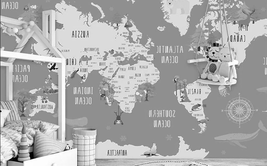 Papier peint chambre enfant map animaux gris