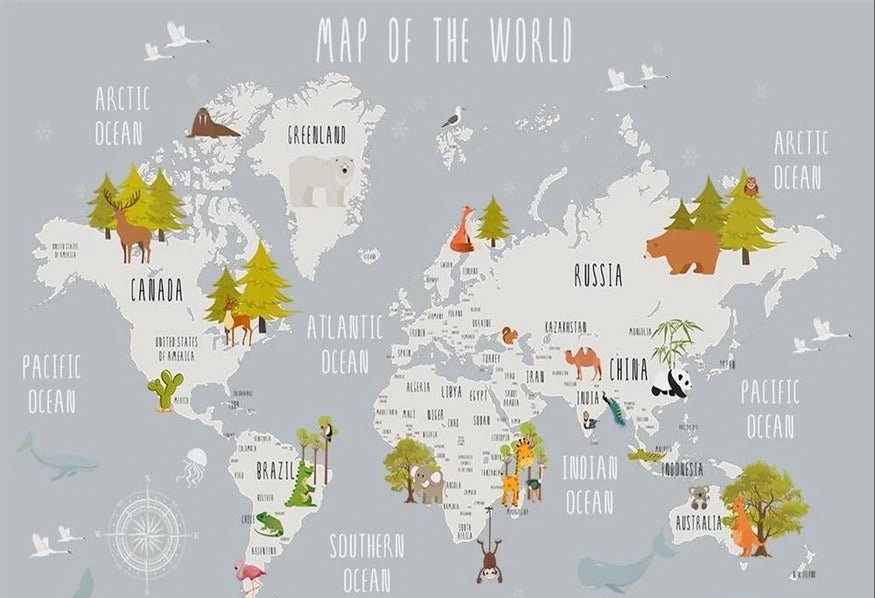 Papier peint chambre enfant map animaux gris clair, XXL, tendance