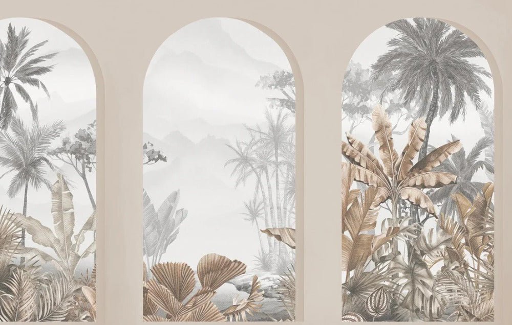 Carta da parati con archi tropicali color seppia