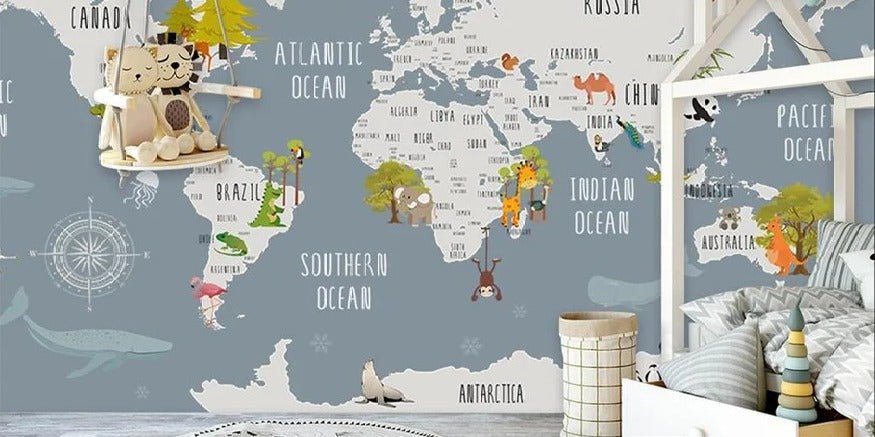 Papier peint chambre enfant map animaux gris