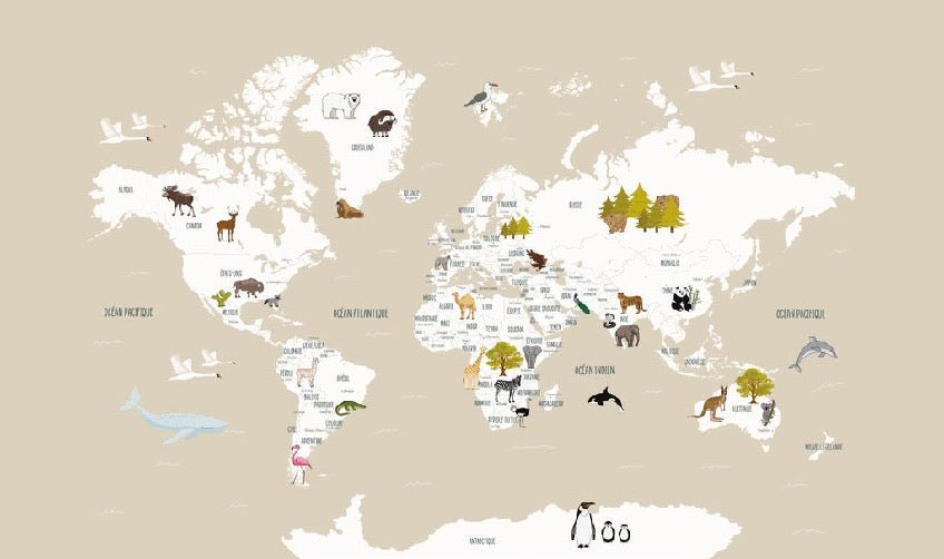 Papier peint Carte du monde en Francais enfant beige