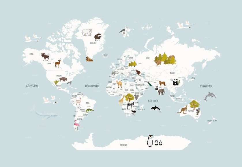 Mappa del mondo per bambini in carta da parati francese blu ghiaccio