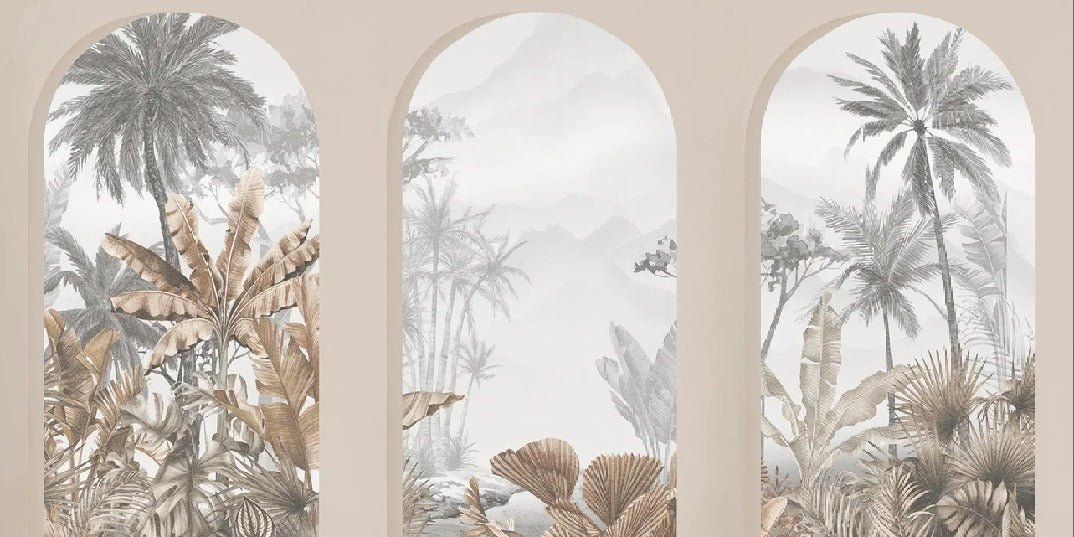 Carta da parati con archi tropicali color seppia