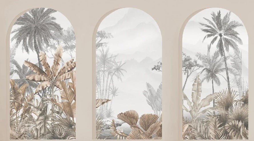 Carta da parati con archi tropicali color seppia