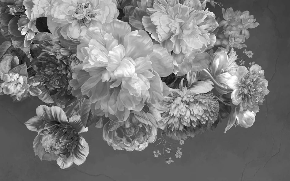 Carta da parati con fiori di peonia in bianco e nero