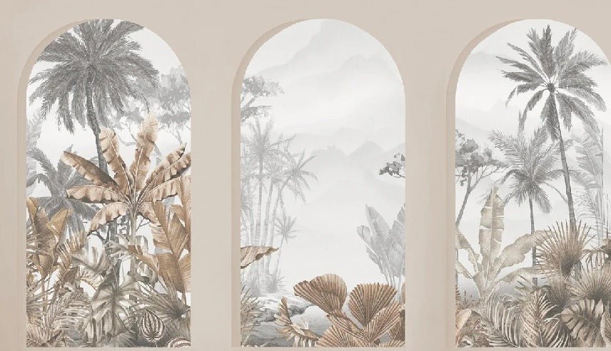 Carta da parati con archi tropicali color seppia