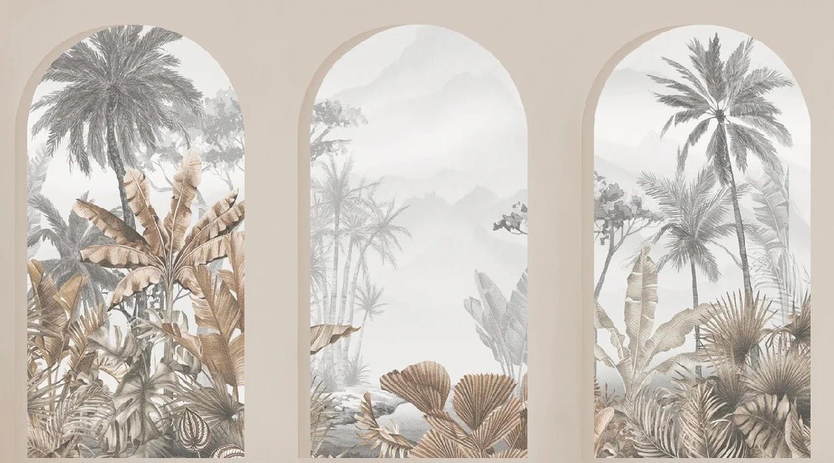 Carta da parati con archi tropicali color seppia