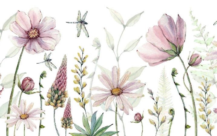 Carta da parati con fiori e libellule