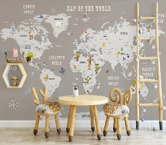 Carta da parati per bambini Mappa del mondo color tortora