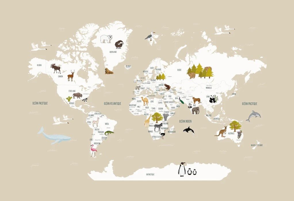 Papier peint Carte du monde en Francais enfant beige