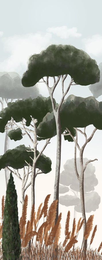 Papier peint wc cyprès pins et herbes de la pampa, XXL, tendance