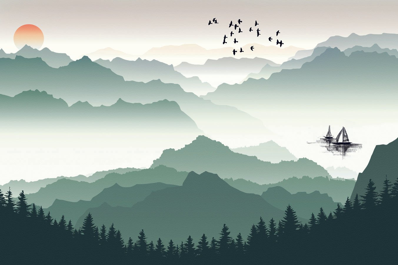 Papier peint montagne et voile sur le lac, mural concept, tendance