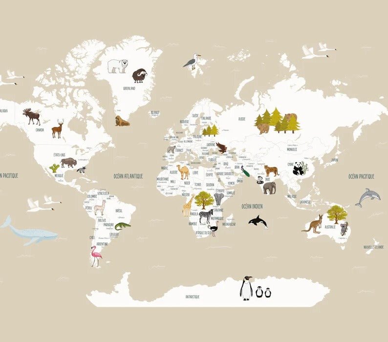 Papier peint Carte du monde en Francais enfant beige