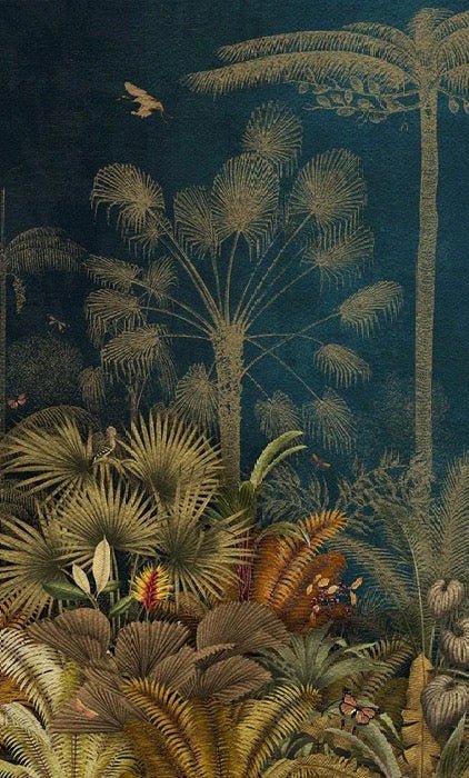 Papier peint jungle gravure bleu