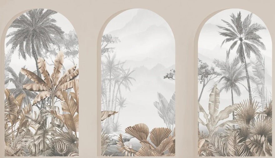 Carta da parati con archi tropicali color seppia