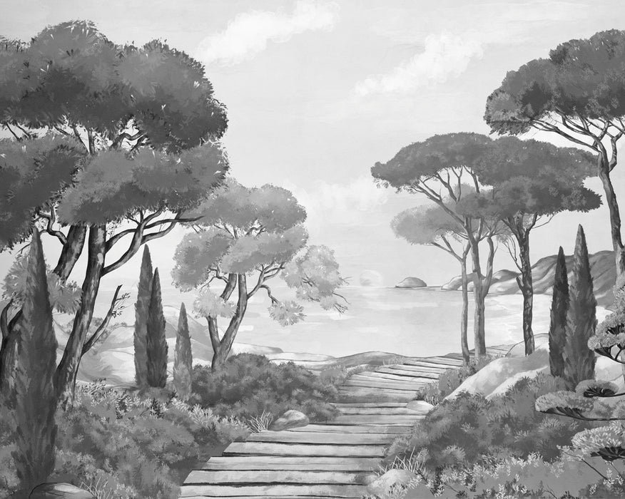 Papier peint balade dans les calanques noir et blanc