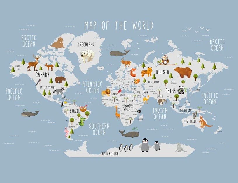 Papier peint Carte du monde illustrée Animaux