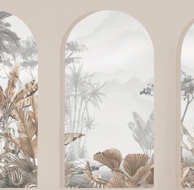 Carta da parati con archi tropicali color seppia