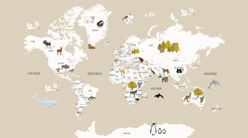 Papier peint Carte du monde en Francais enfant beige