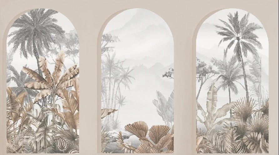 Carta da parati con archi tropicali color seppia