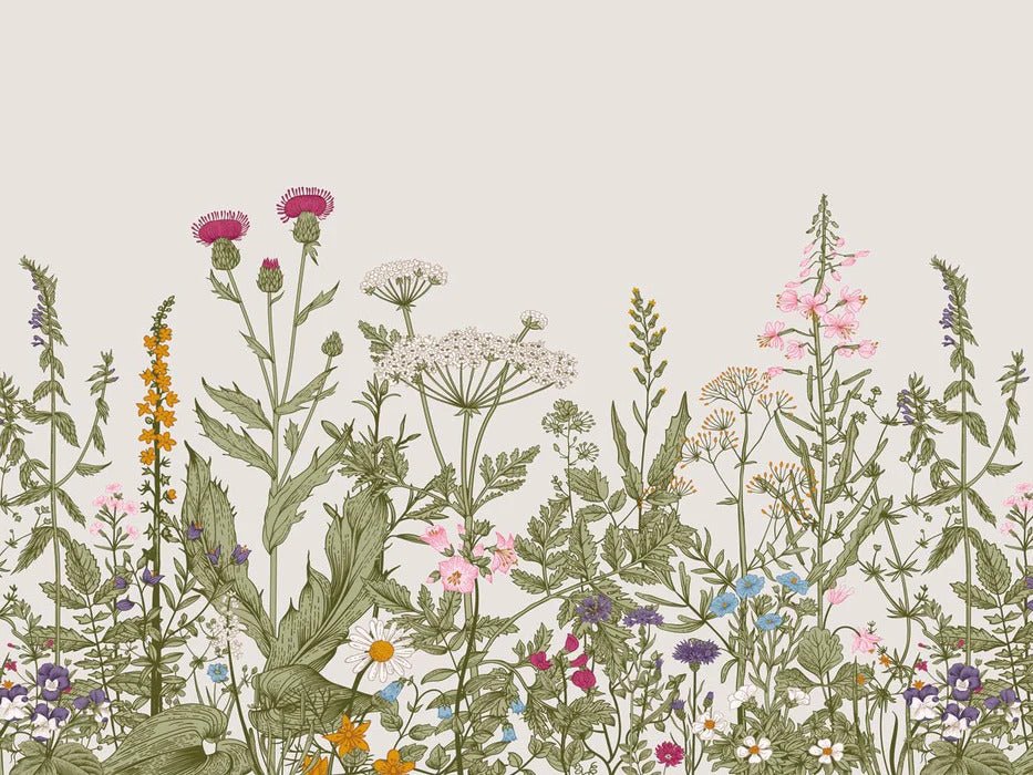 Romantische Tapete im botanischen Folk-Bistrostil