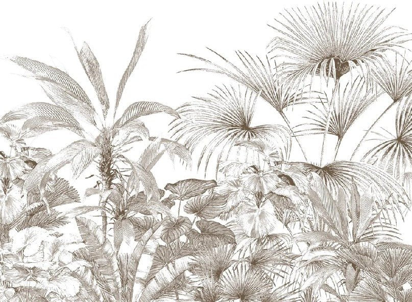 Carta da parati con incisioni monocromatiche tropicali
