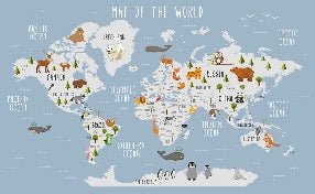 Papier peint Carte du monde illustrée Animaux, XXL, tendance