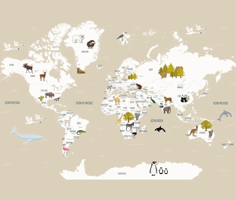 Papier peint Carte du monde en Francais enfant beige, XXL, tendance