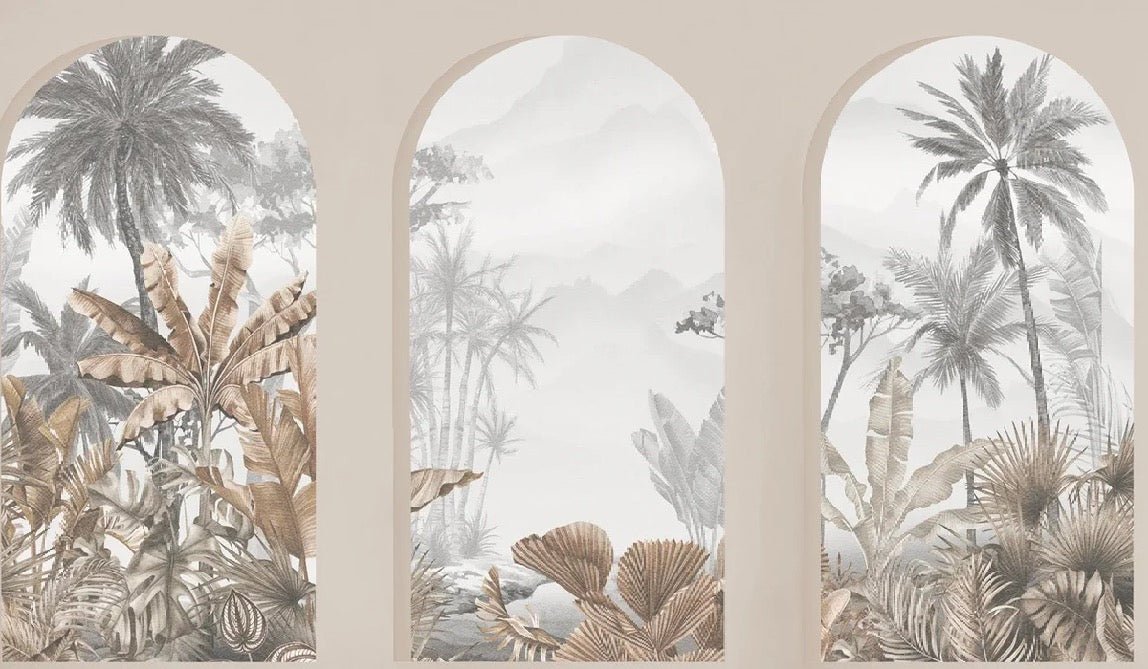 Carta da parati con archi tropicali color seppia