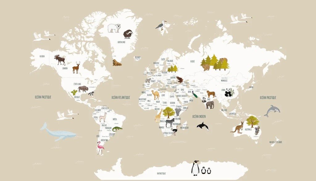 Papier peint Carte du monde en Francais enfant beige