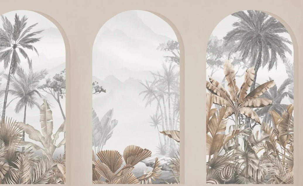 Carta da parati con archi tropicali color seppia