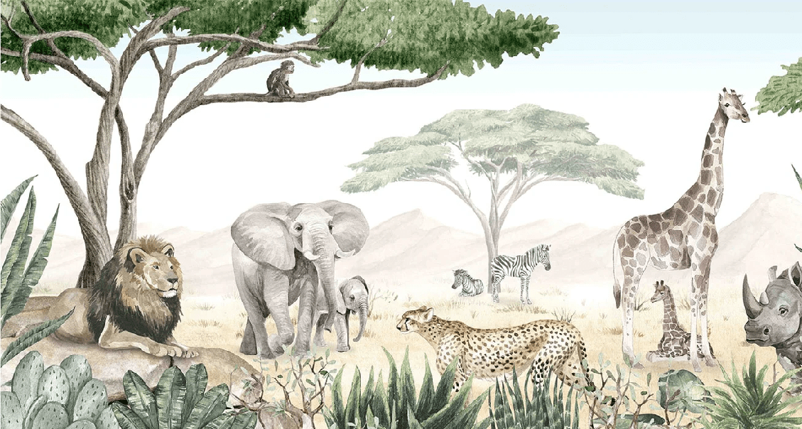 Carta da parati per bambini con motivo savana dipinto