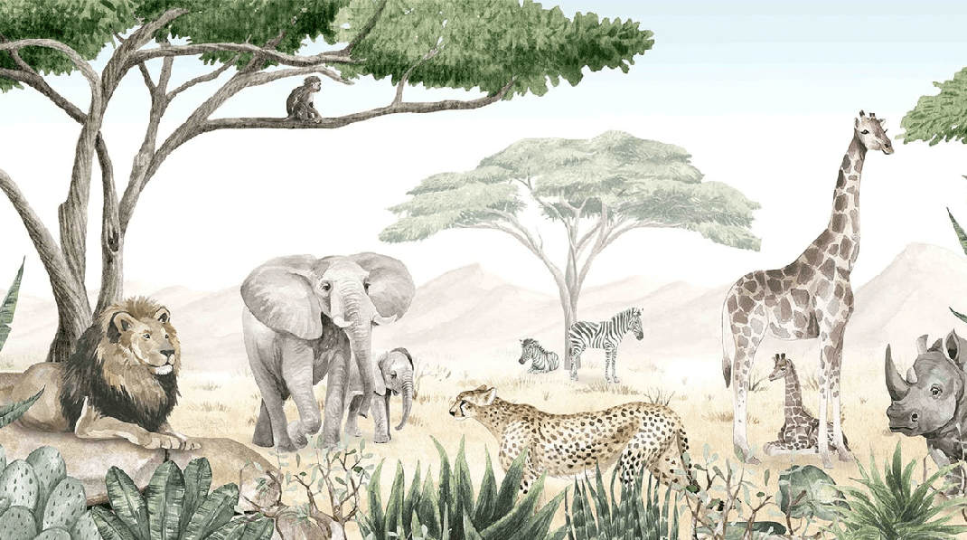 Carta da parati per bambini con motivo savana dipinto
