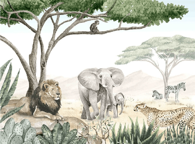 Carta da parati per bambini con motivo savana dipinto