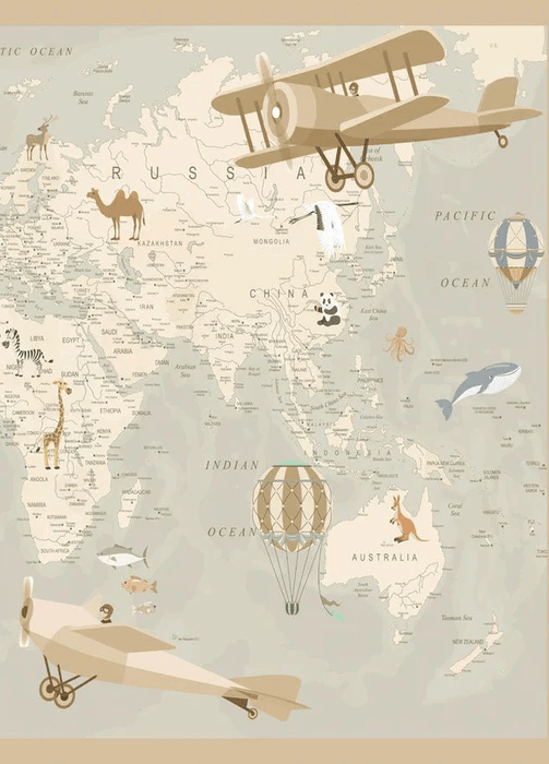 Carta da parati per bambini con mappa del mondo e aviatore